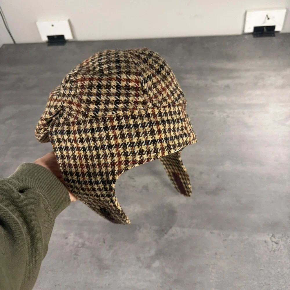 Carriglen Bugatti Flat‎ Cap Mens Brown Houndstooth Wool Blend Ear Flaps England